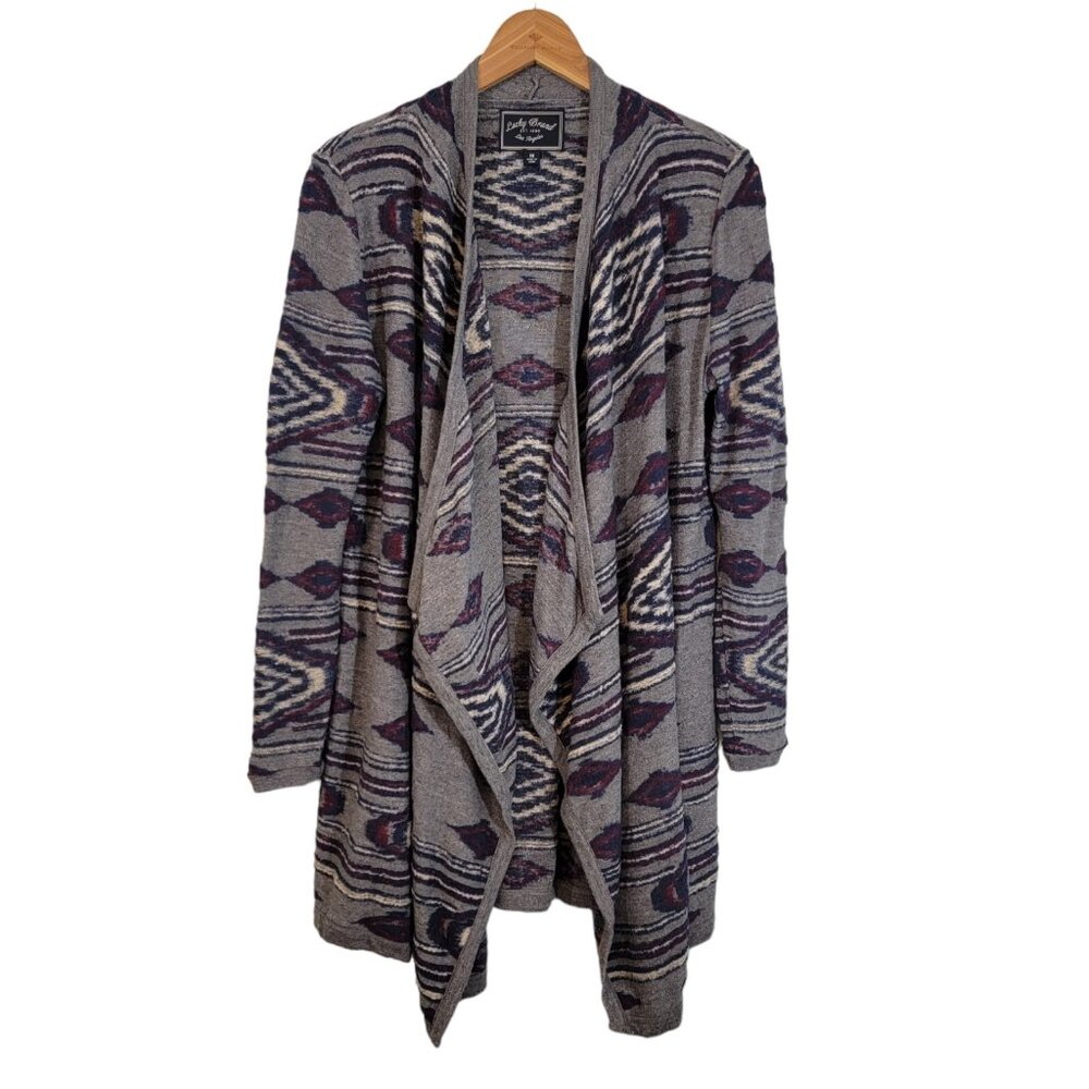 Lucky Brand‎ Cardigan Sweater Wool Blend Aztec Tribal Print Waterfall Size M